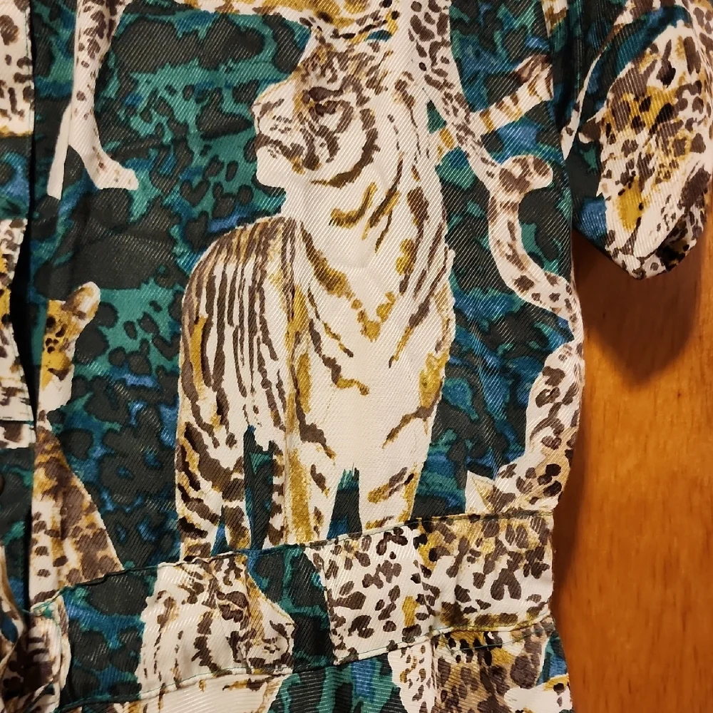 Maeve Teal and White Animal-Print Shirt Dress Medium - Picture 5 of 12